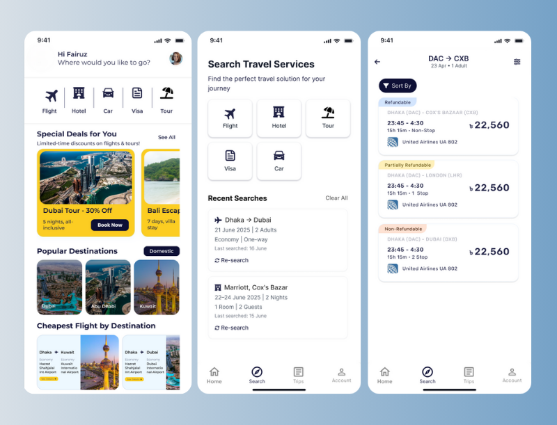 Travel agency software mobile screen